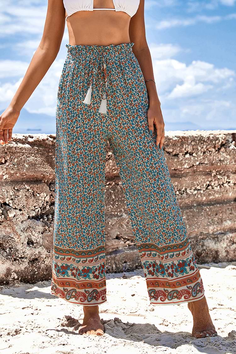 Pantalones boemios con lazo y adornos de frunces