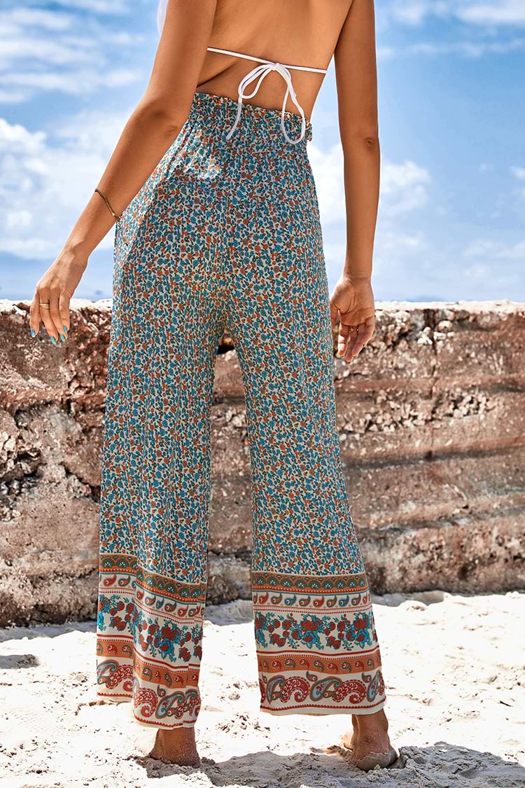 Pantalones boemios con lazo y adornos de frunces