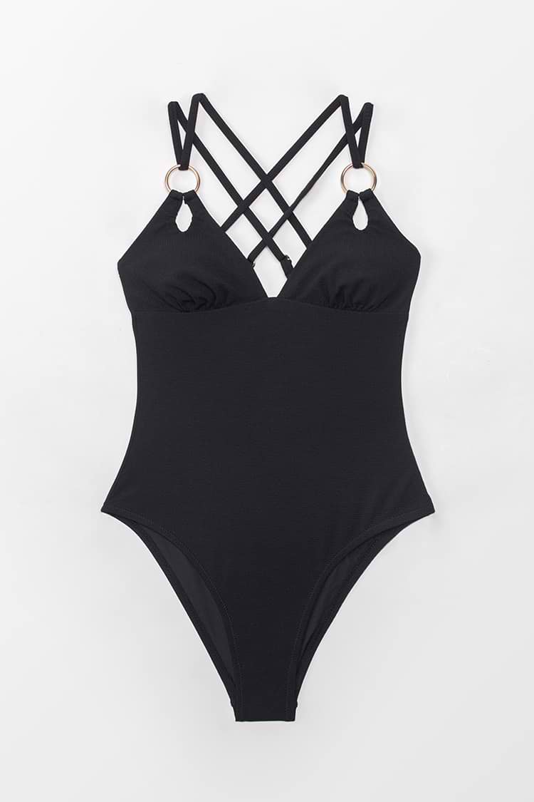 V Neck Criss Cross Hollow Out O Ring Mid Cut One Piece Swimsuit