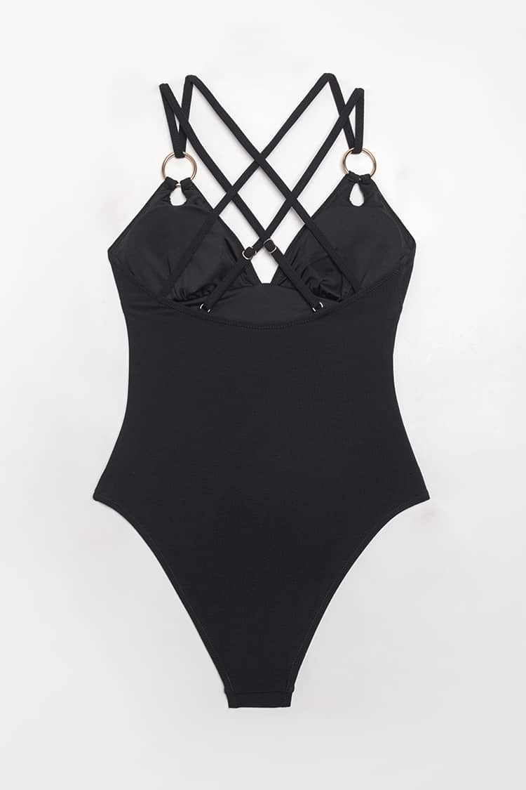 V Neck Criss Cross Hollow Out O Ring Mid Cut One Piece Swimsuit