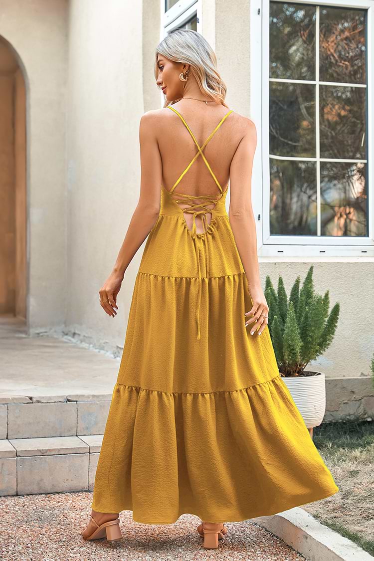 Vestido amarillo en forma de A Tirantes ajustables Lace Up