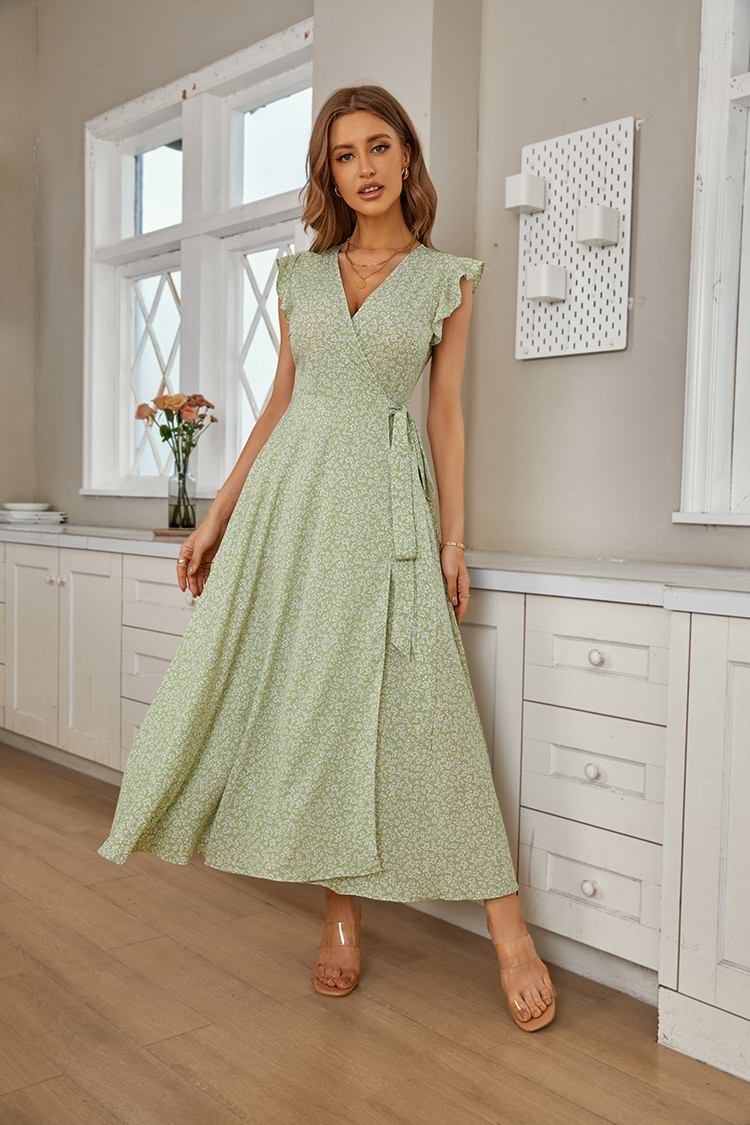 Vestido en forma de A Escote V Cinturón Volantes