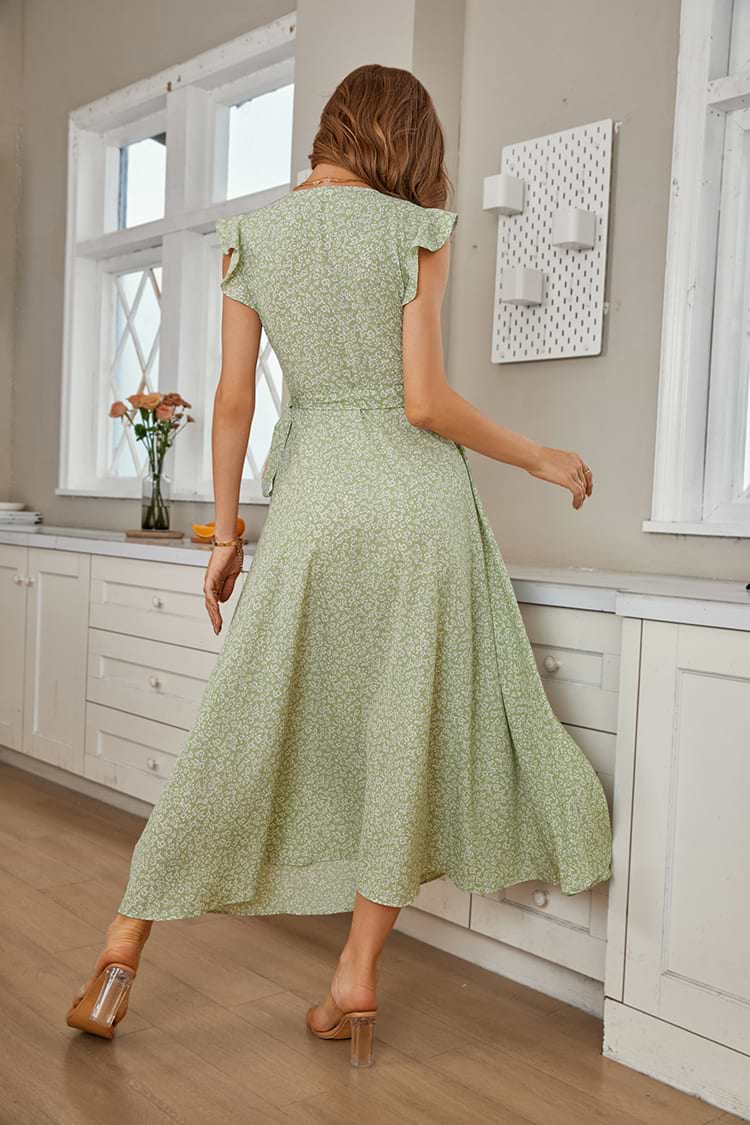 Vestido en forma de A Escote V Cinturón Volantes