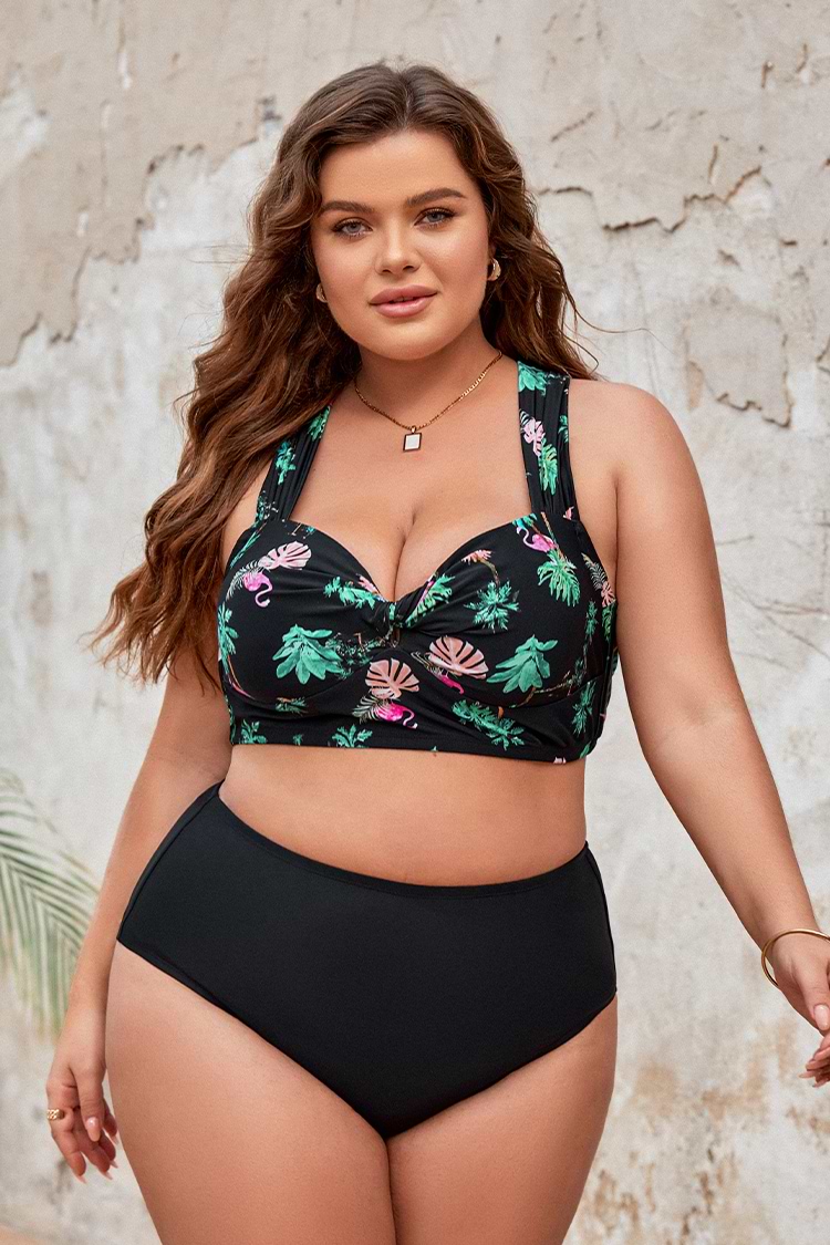 Twist Front Top & High Waist Bikini Set mit tropischem Druck in Großen Größen