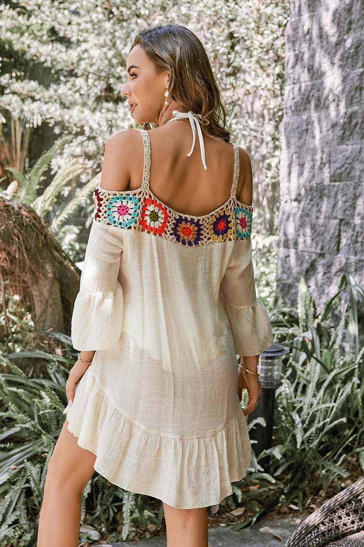 Schulterfreies Rüschen Cover Up mit dünnen Trägern und ethnischem Druck