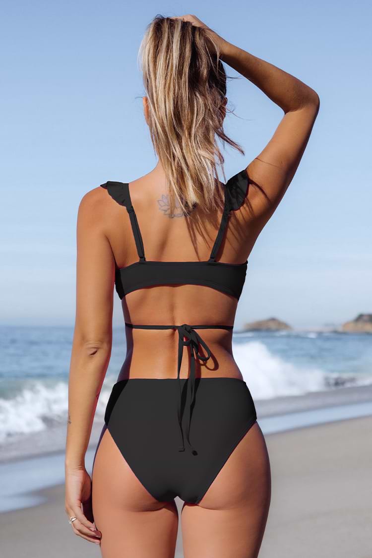 Schwarzes Rüschen Wickel Bikini-Set mit Rüschenbesatz und mittlerer Taille