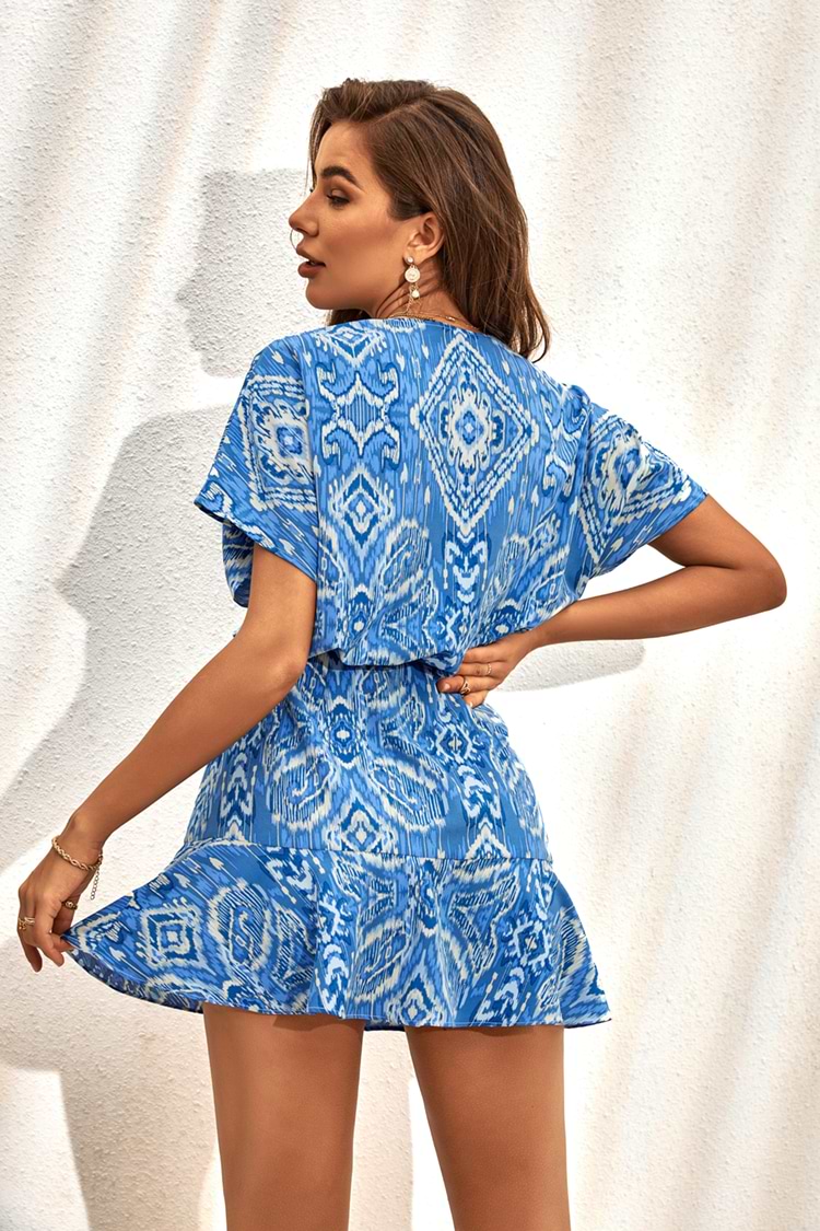 V-Ausschnitt Kurzarm Tailliertes Boho Kleid