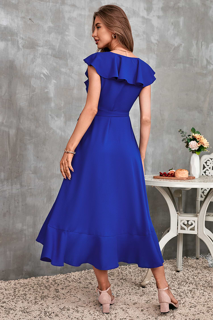V-Ausschnitt Offene Front Rüschen Blaues Wickelkleid