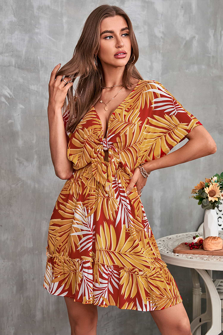 Kleid mit Blattmuster und Schnürung vorne