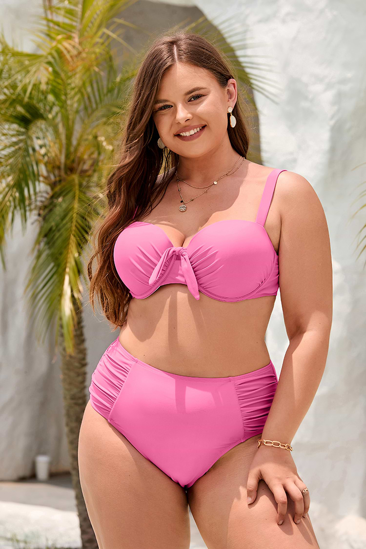 Faux Krawatte Top mit Bügel & High Waist Rosa Bikini Set in großen Größen