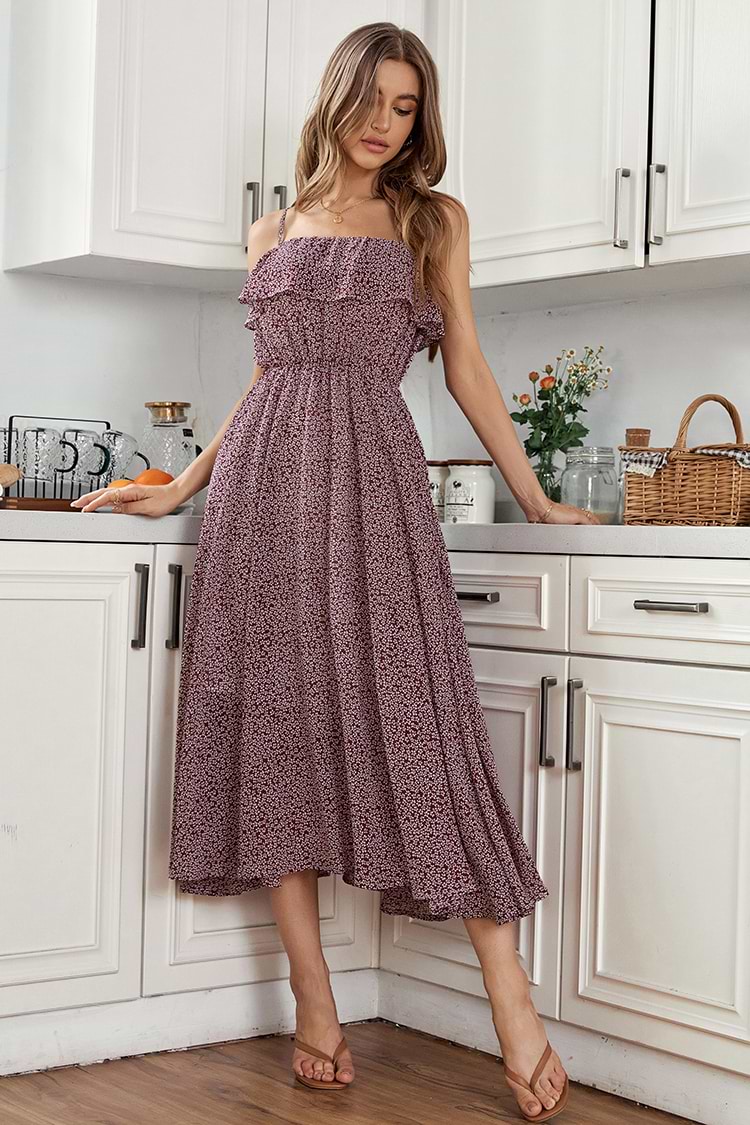 Dünne Träger Elastische Taille Rüsche A-förmiges Kleid