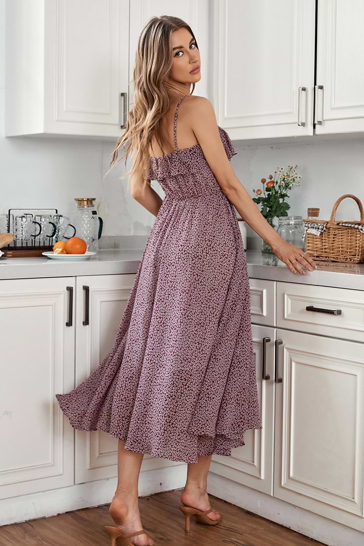 Dünne Träger Elastische Taille Rüsche A-förmiges Kleid