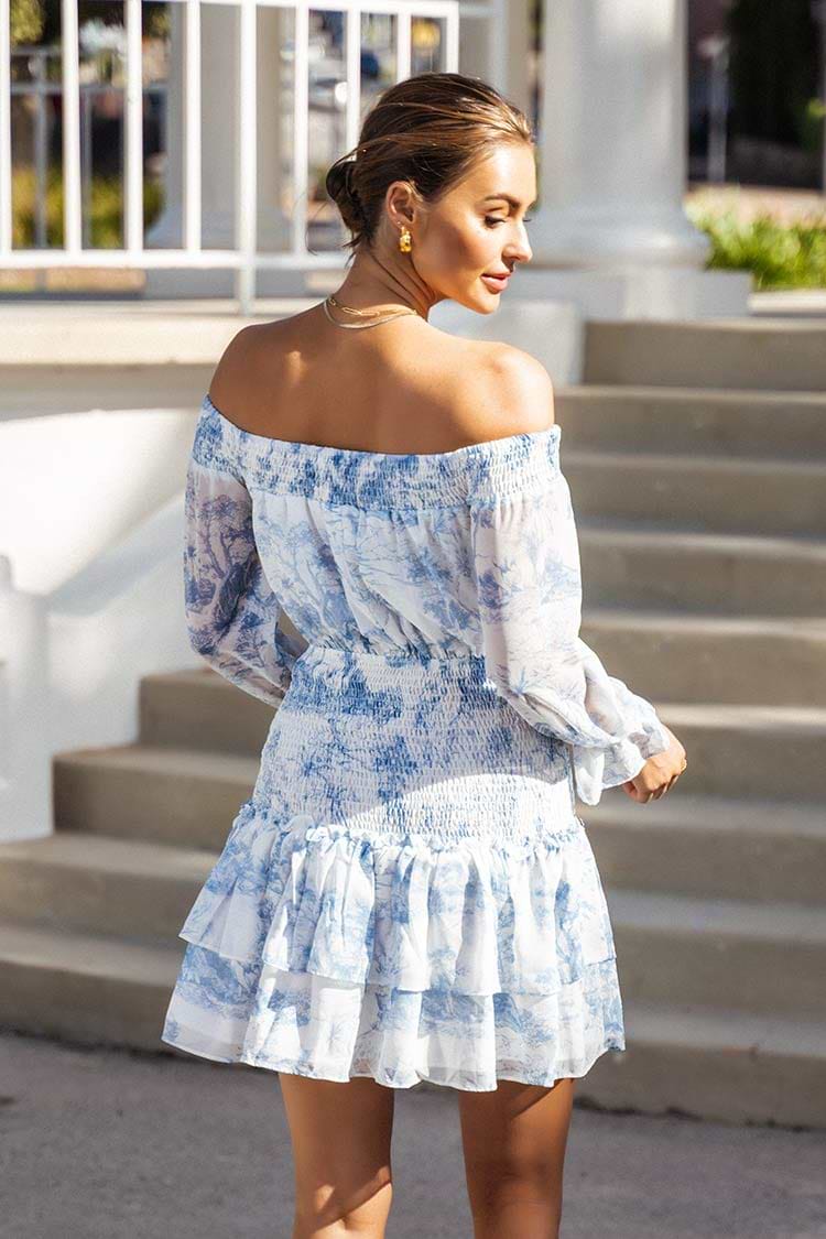 Elastische Taille Rüsche Schulterfreies geblümtes Kleid