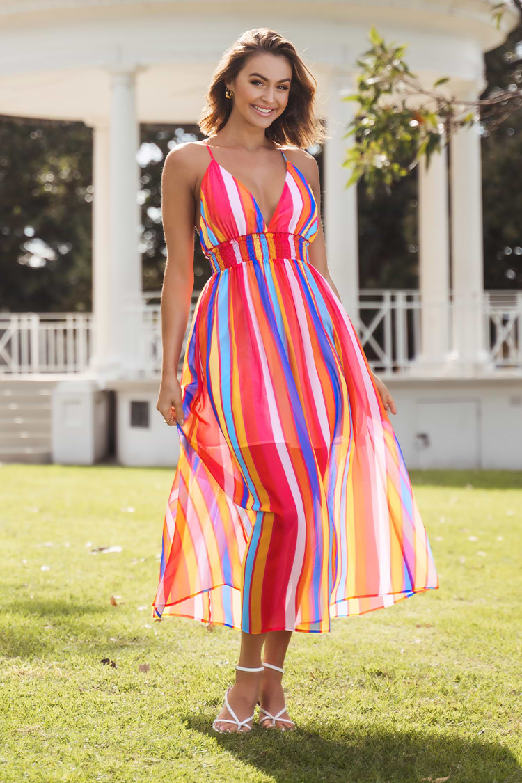 Sexy Gestreiftes Kleid mit verstellbaren Trägern und tiefem V-Ausschnitt