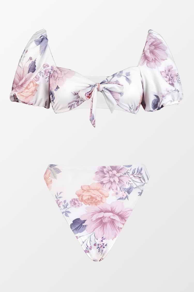 Puffärmel & Extra Cheeky High Waist Geblümtes Bikini Set mit Schleife vorne