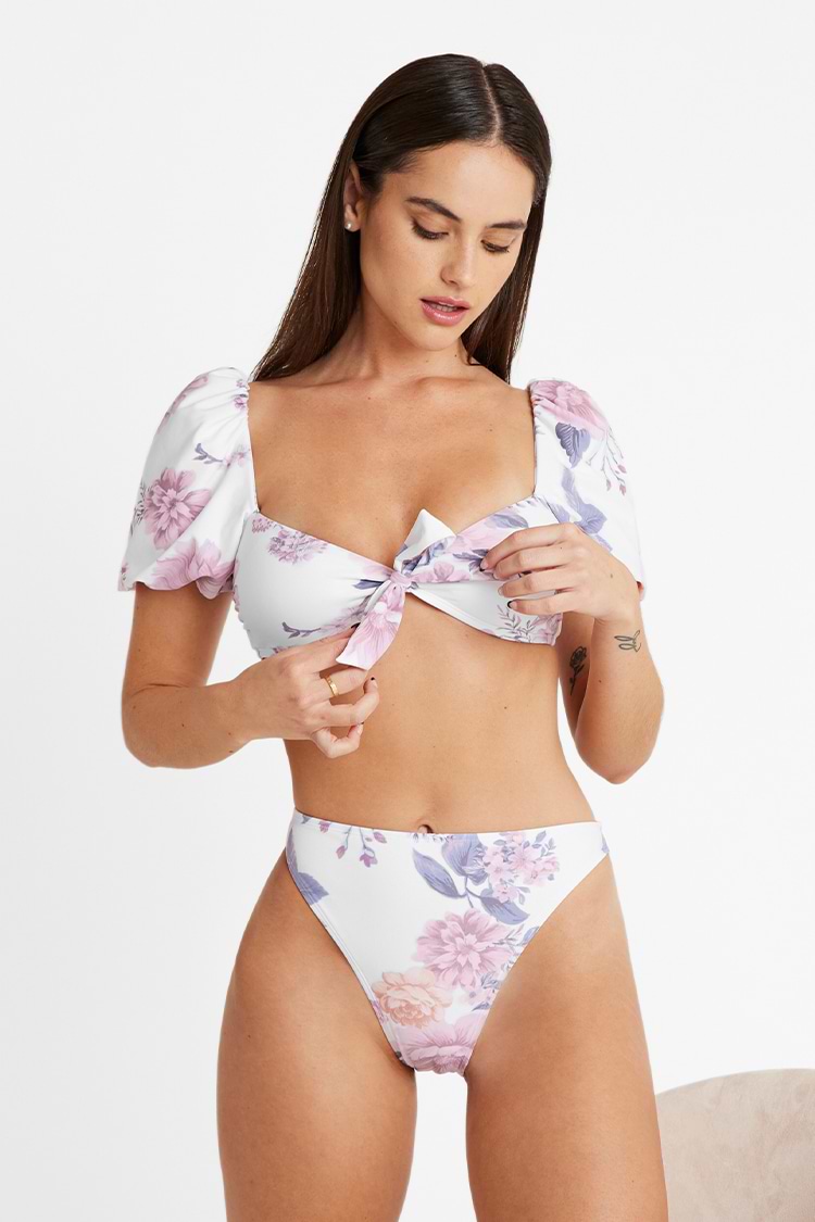 Puffärmel & Extra Cheeky High Waist Geblümtes Bikini Set mit Schleife vorne