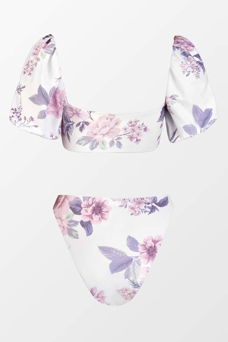 Puffärmel & Extra Cheeky High Waist Geblümtes Bikini Set mit Schleife vorne