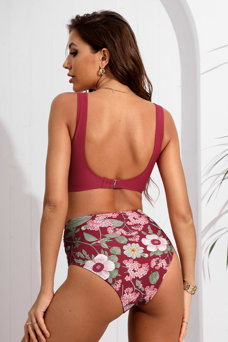 Wickel Front Bralette & Geblümtes gerüschtes High Waist Bikini Set