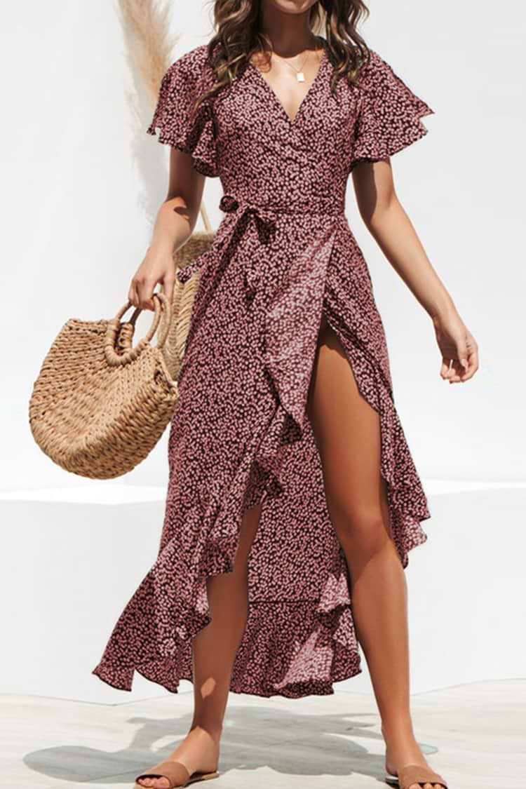 Front offen Rüschen V-Ausschnitt A-förmiges Kleid