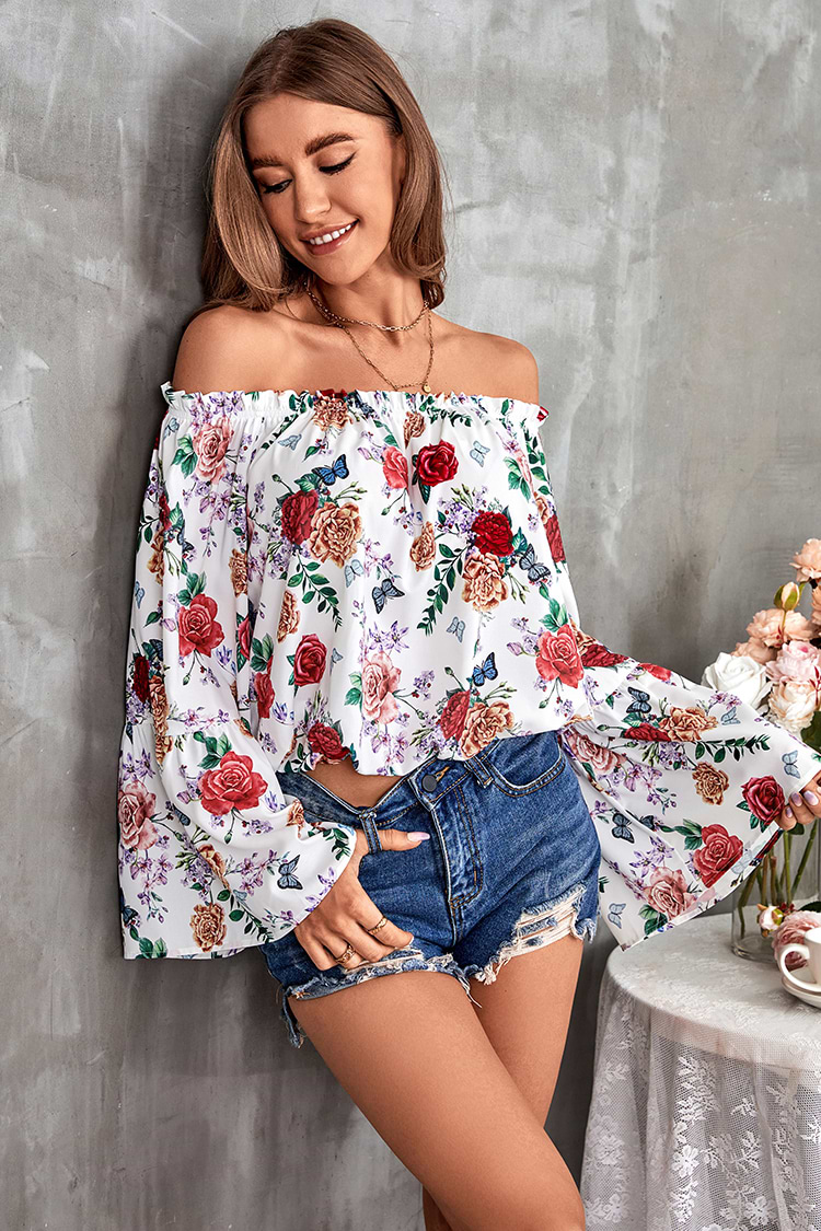 Lange Ärmel Rüschen Schulterfreies Oberteil mit Blumenmuster