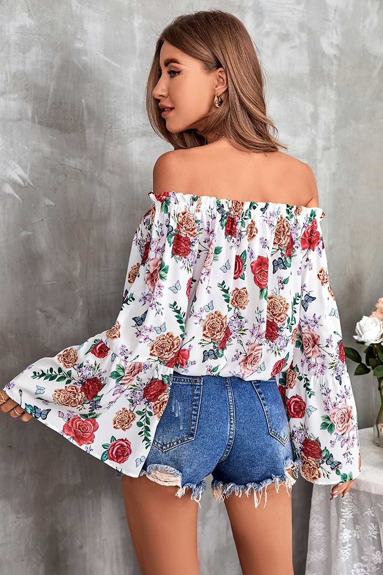 Lange Ärmel Rüschen Schulterfreies Oberteil mit Blumenmuster
