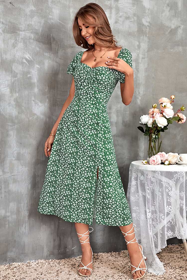 Vestido dividido en forma de A Escote cuadrado Mangas abullonadas