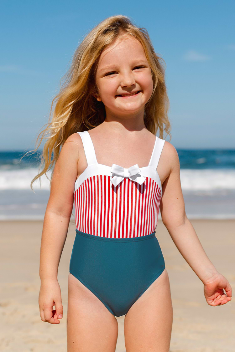 Maillot de bain une pièce à rayures et nœud papillon pour fille