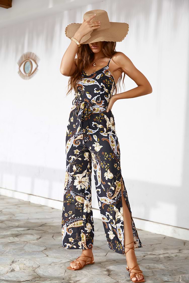 Old Story Tie Waist Thin Straps Floral Jumpsuit