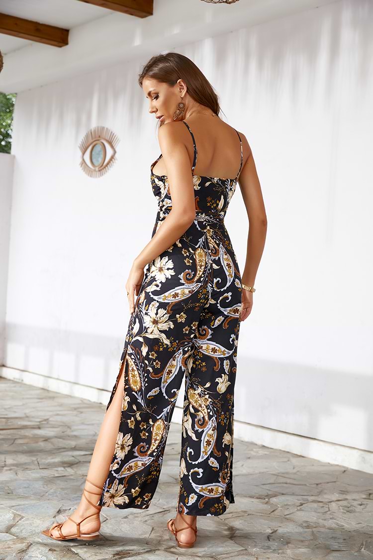 Old Story Tie Waist Thin Straps Floral Jumpsuit