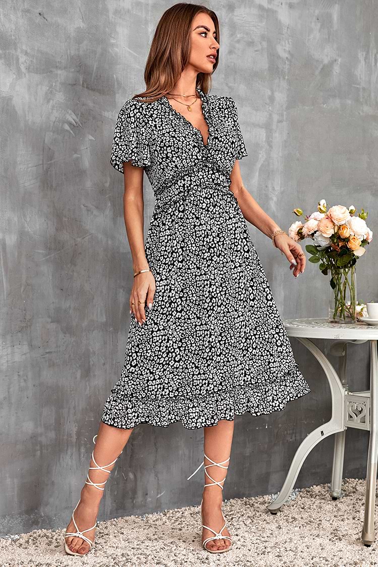 Vestido en forma de A Escote V Mangas cortas Volantes