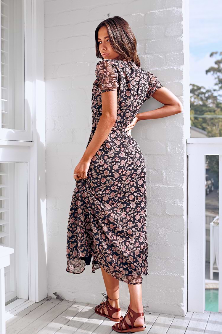 Chiffon-Maxikleid mit Blasenärmeln und Blumendruck