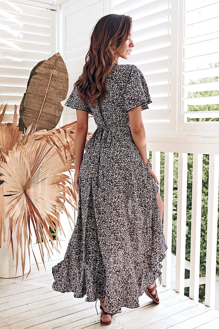 Diza V-neck Lace Up Short Sleeve A-shape Dress