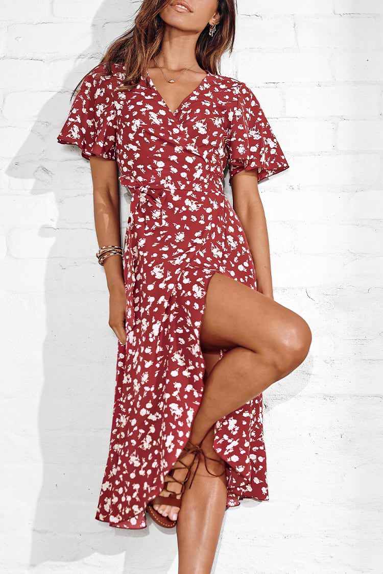 Bedrucktes Midi-Kleid mit V-Ausschnitt und Glockenärmeln