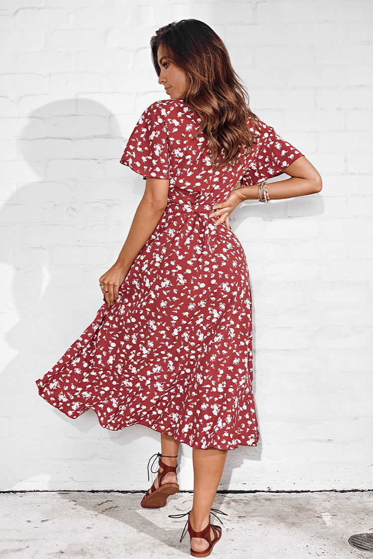 Bedrucktes Midi-Kleid mit V-Ausschnitt und Glockenärmeln