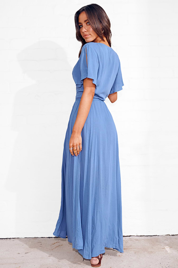 Hermione Blue Plunge Short sleeve A-shape Dress