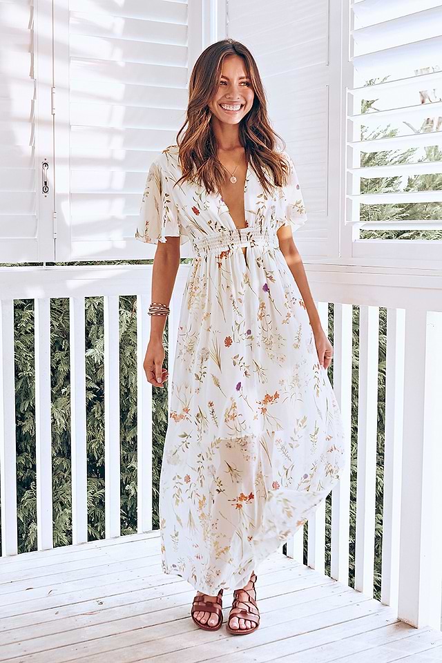 chinese dress ladies Off White Printed Cut Out Maxi Dress