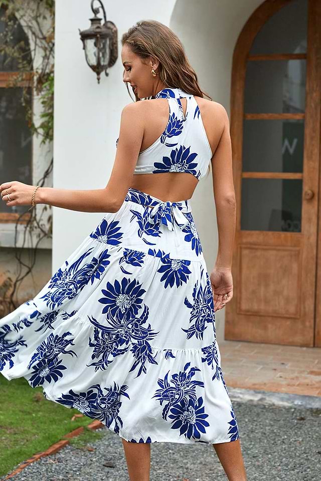 off the shoulder tie waist dress Abby Off-Shoulder Tie-Up Back Dress Watercolor Floral Print White/Olive