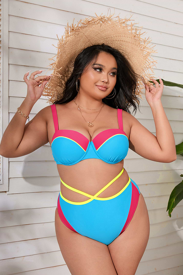 Plus Size Colorblock Underwire Bralette & Strappy Bikini Swimsuit