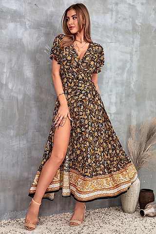 knee length dresses for ladies Floral Maxi Dress with Long Sleeves - Helena