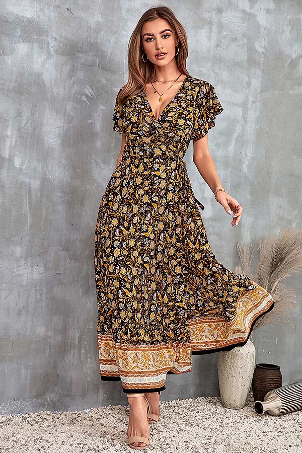 CUPSHE Women V Neck Boho Maxi Dresses Ruffle Short Sleeves Dress with Slit Design for Summerulticolor L CUPSHE Women V Neck Boho Maxi Dresses Ruffle Short Sleeves Dress with Slit Design for Summerulticolor L