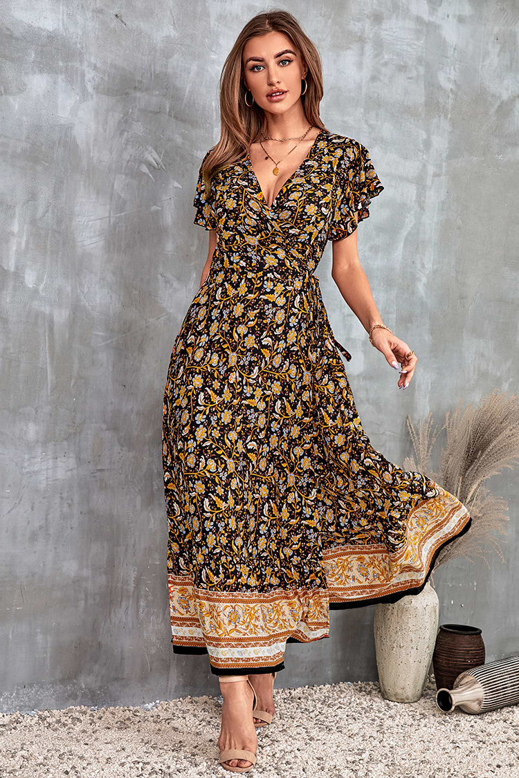 Arlette V-neck Short Sleeve  Paisley A-shape Dress