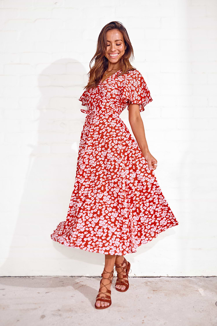 Ditsy Wickelkleid zum Schnüren mit V-Ausschnitt in Teelänge