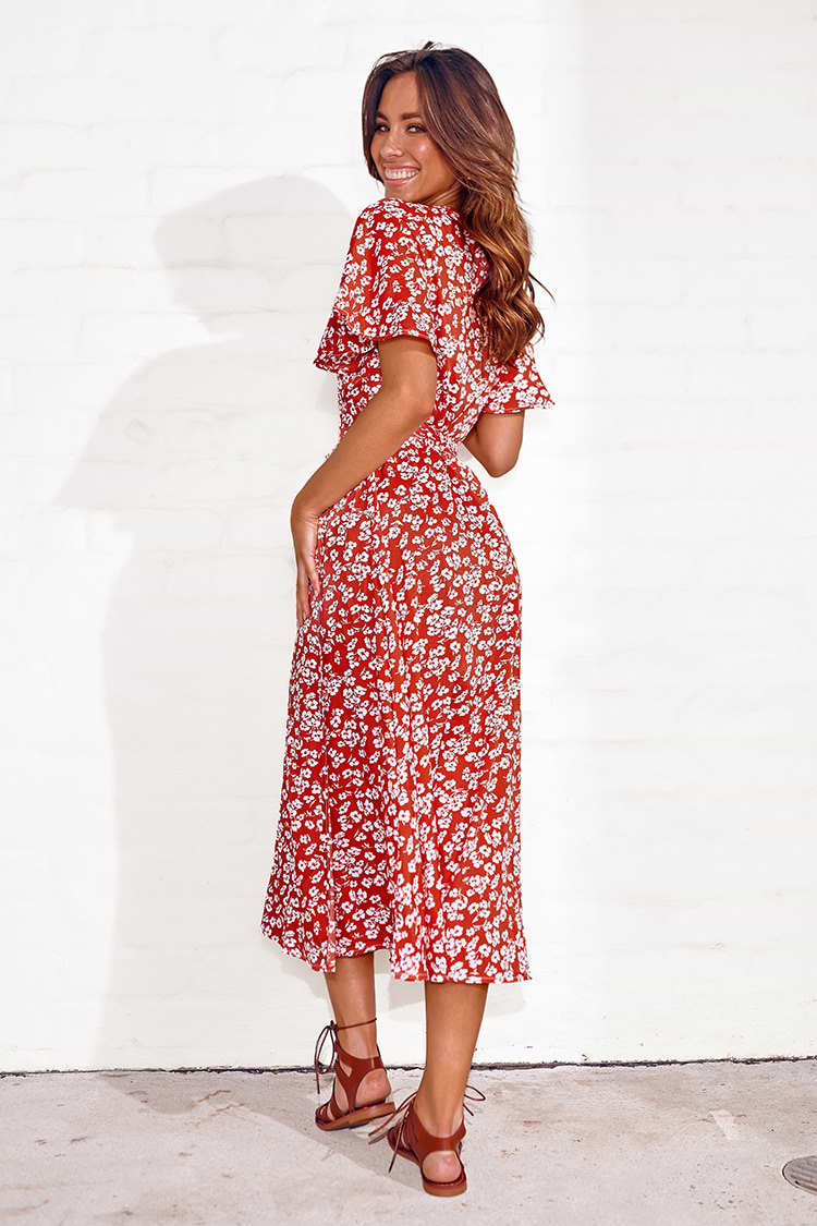 Ditsy Wickelkleid zum Schnüren mit V-Ausschnitt in Teelänge