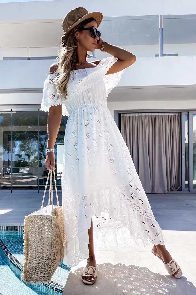 Cut out Off-Shoulder-Kleid mit Stickerei und Rüschen in Weiß