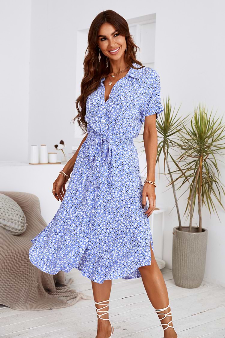 Ditsy-Kleid mit Hemdkragen und Gürtel