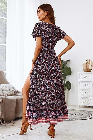 chinese dress ladies Luxe Lady Floral Ruffle Detail Back Lace-up Elastic Waist Maxi Dress –  roschic main image 0