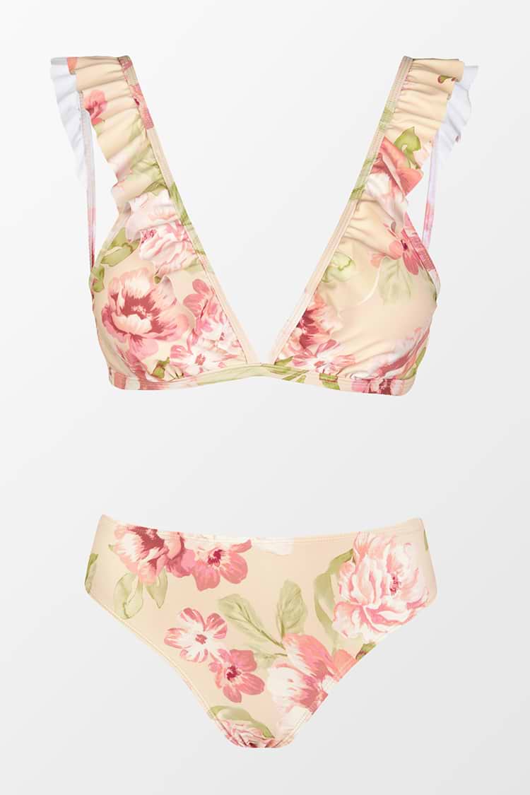 Bikini rose bralette à volants et col en V et hipster classique