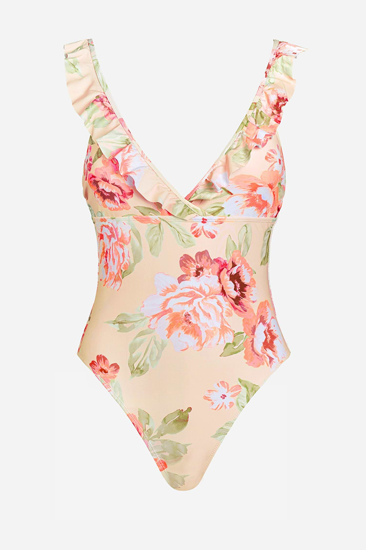 Blumendruck Badeanzug mit tiefem V-Ausschnitt und Rüschen