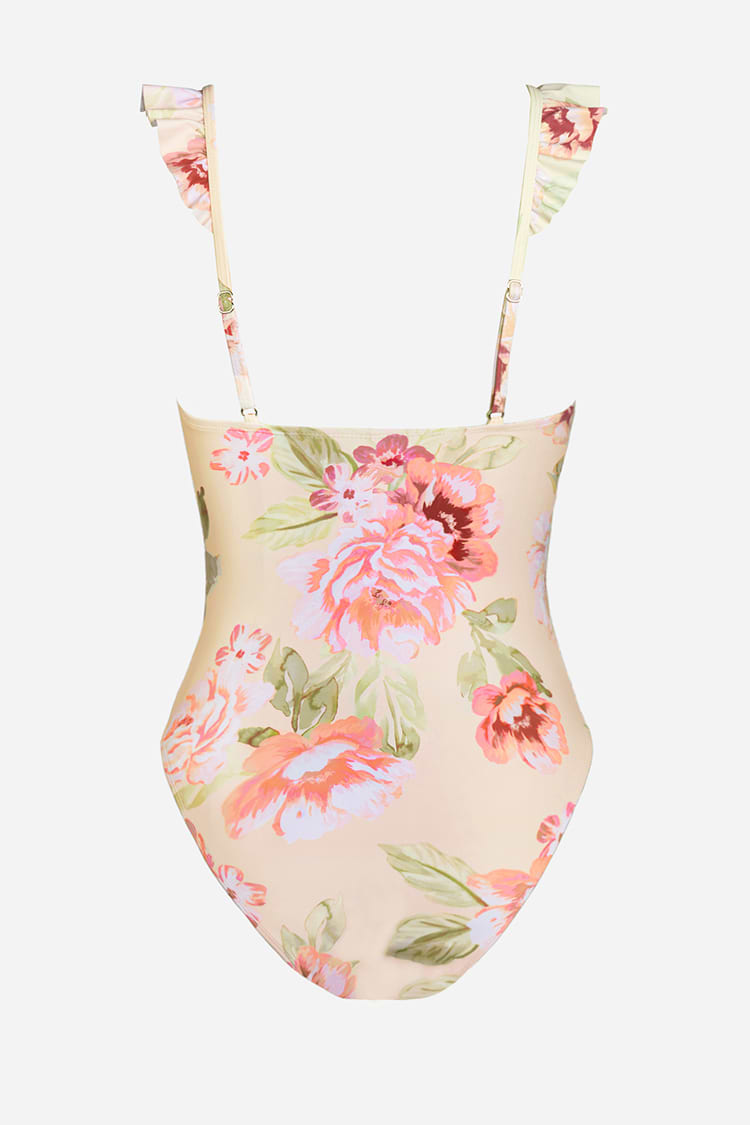 Blumendruck Badeanzug mit tiefem V-Ausschnitt und Rüschen