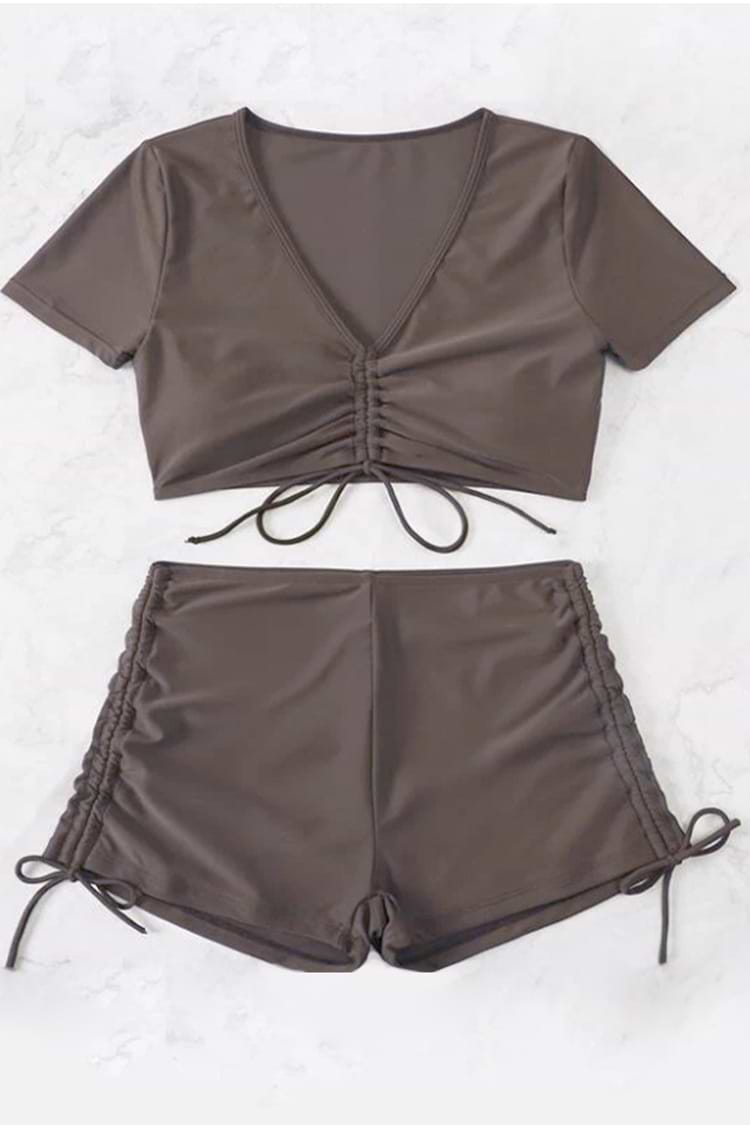 Ruched Drawstring V Neck Midkini & High Waist Shorts Set